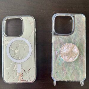 ✨ iPhone 15 Pro Neutral Chic Case Bundle (2) | Marble MagSafe + Iridescent Grip